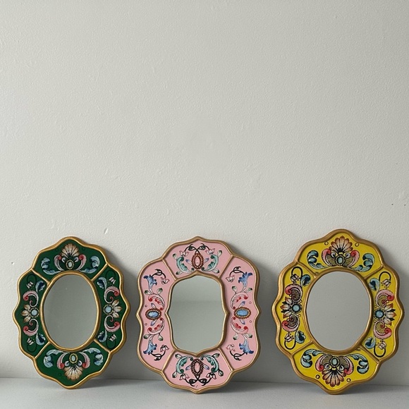 Peruvian Artisan Vibrant Mirror Trio - Green, Pink, Yellow Wood 9 inch - Picture 2 of 11